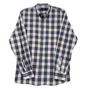 Peter England Casuals Men XXL Plaid Button Down Shirt Blue Tan Long Sleeve